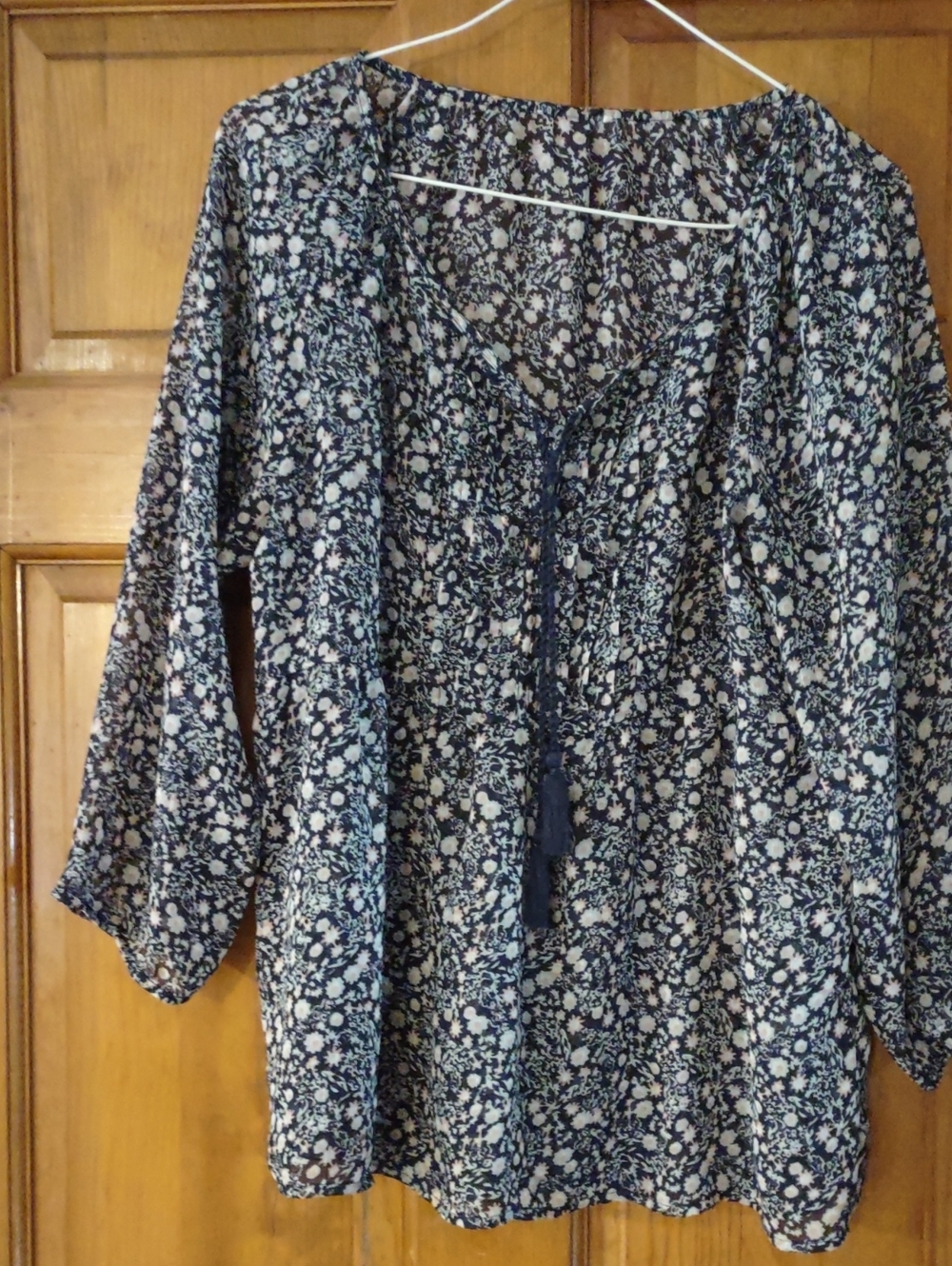 Women’s Navy Floral Peasant Blouse with Tie Front
